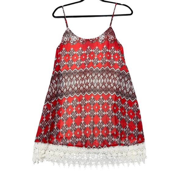 Show Me Your Mumu Red Print Lace Trim Slip Dress Size Small Boho Festival - Picture 2 of 6